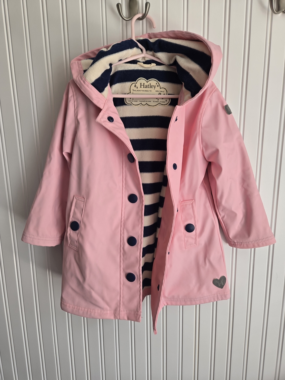 Hatley Pink Hooded Kids Raincoat with Navy-Striped Lining